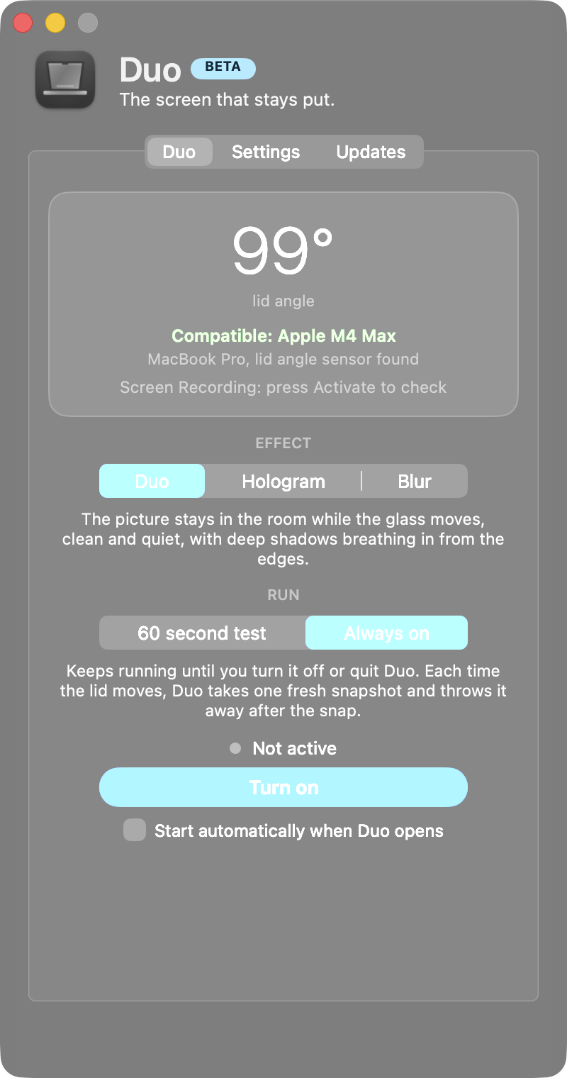 The Duo window: lid angle readout, effect picker, Test or Always on, Activate button.